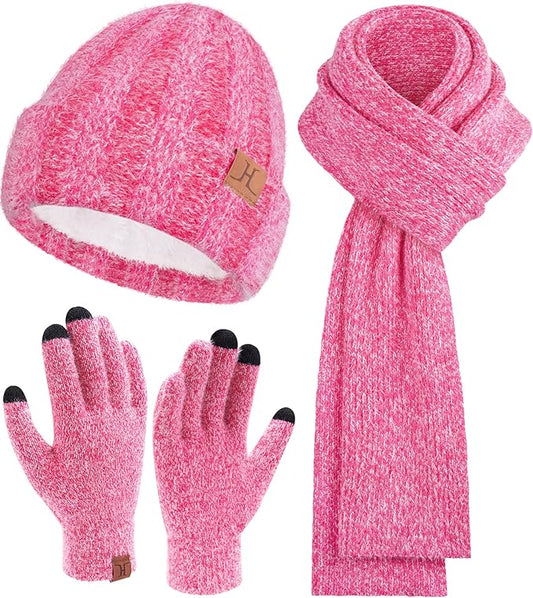Womens Winter Warm Knit Beanie Hat Touchscreen Gloves Long Neck Scarf Set with Fleece Lined Skull Caps Gifts for Women