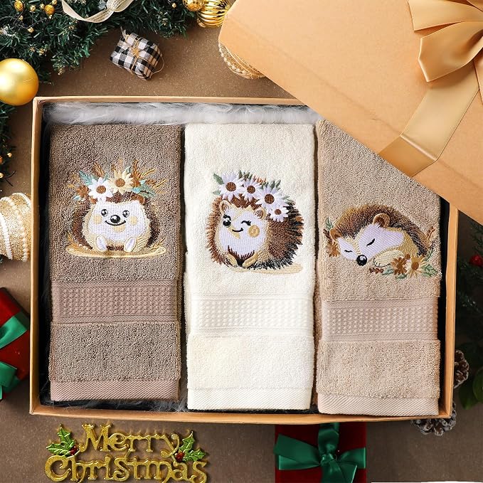 3 Pcs Hedgehog Floral Hand Towels Bathroom Decor | Cute Hedgehog Gifts, Decorative Farmhouse 100% Cotton, Embroidered Hand Towels for Women Bathroom Kitchen 13.3'' x 29.5''