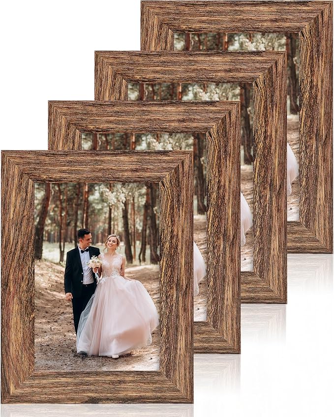 iRahmen 4x6 Picture Frame Set of 4, High Definition Glass Brown Frame, 4 x 6 Wood Rustic Photo Frames for Horizontal or Vertical Display Tabletop and Wall Mounting