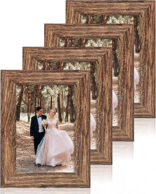 iRahmen 4x6 Picture Frame Set of 4, High Definition Glass Brown Frame, 4 x 6 Wood Rustic Photo Frames for Horizontal or Vertical Display Tabletop and Wall Mounting