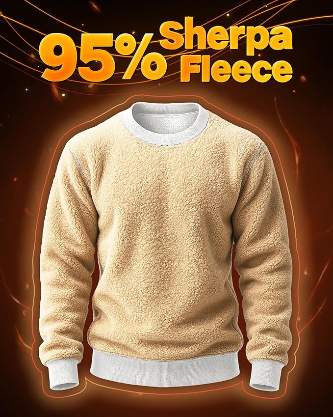 Boladeci Men's Full Sherpa Lined Crewneck Sweatshirts Heavy-weight Fleece Pullover Thick Thermal Long Sleeve Cotton