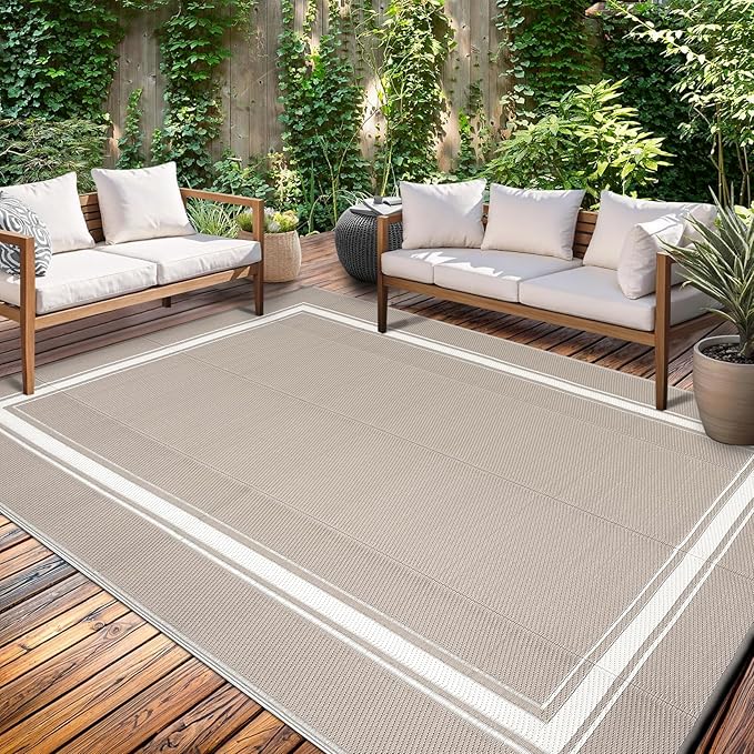 Outdoor Rug 9x18 Waterproof Reversible Mat All Weather Outdoor Plastic Straw Rus Carpet UV Resistant Modern Bordered RV Mat Carpet for Patio Deck Balcony Pool Picnic Grey/White