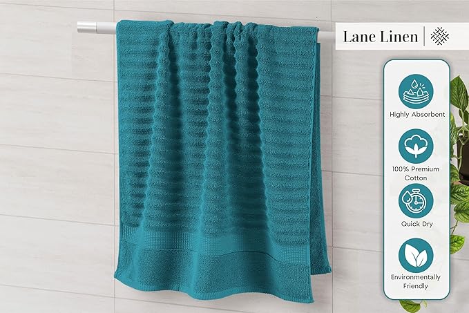 LANE LINEN Towels for Bathroom - Luxury, 100% Cotton Bath Towel Set of 6 - Includes 2 Bath, 2 Hand Towel, 2 Wash Cloths for Body - Zero Twist, Ribbed, Quick Dry Bath Towels for Daily Use - Sea Port