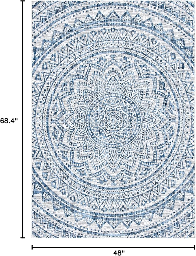 SAFAVIEH Courtyard Collection 4' x 5'7" Ivory/Navy CY8734 Indoor/ Outdoor Waterproof Easy Cleaning Patio Backyard Mudroom Area Rug