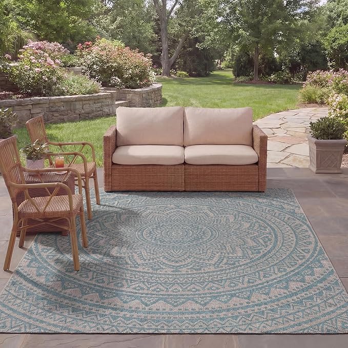 SAFAVIEH Courtyard Collection 8' x 11' Light Grey / Aqua CY8734 Indoor/ Outdoor Waterproof Easy Cleaning Patio Backyard Mudroom Area Rug