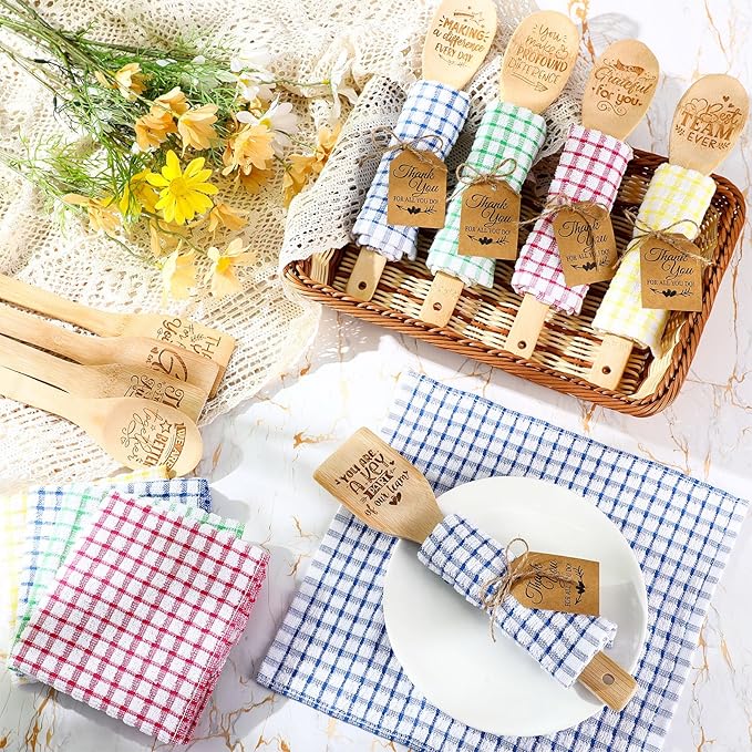 Honeydak 12 Set Employee Appreciation Gifts Set Thank You Employee Kitchen Utensils Bamboo Spoon Flat Spatula Kitchen Towel Tag Thank You Gift for Coworker Staff Teacher Nurse Colleague