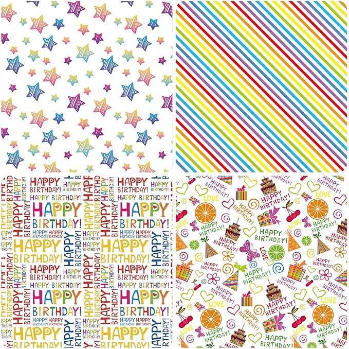 PlandRichW Birthday Wrapping Paper 12 Sheets Folded Flat for Kids, Boys, Girls, Adults.Includes Happy Birthday, Star, Rainbow, Cake 4 Colorful Designs for Baby Shower, Holiday, Party 20 X 29 Inch