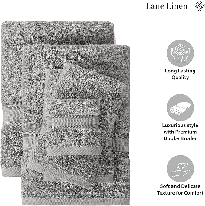 LANE LINEN Bath Towel Set of 12 – Premium 100% Cotton Ring-Spun, 4 Bath, 4 Hand & 4 Washcloth, Zero Twist Hotel Collection Towels Soft, Gentle on Body, Absorbent & Ideal for Everyday Use – Grey