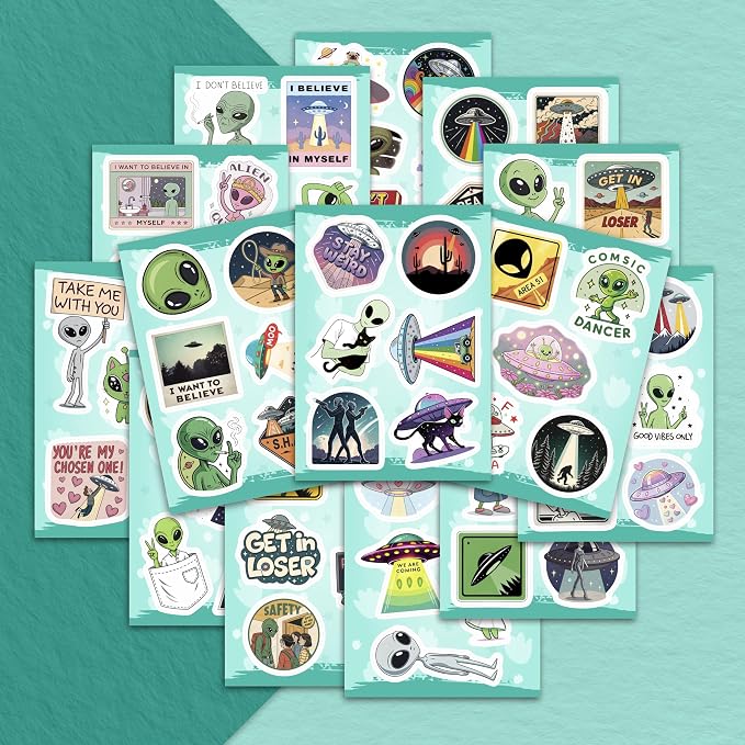 100Pcs UFO Stickers for Water Bottle, Laptop – Alien Stickers and Decals – UFO Gifts - Alien Party Supplies & Decorations - Gifts for Men & Women