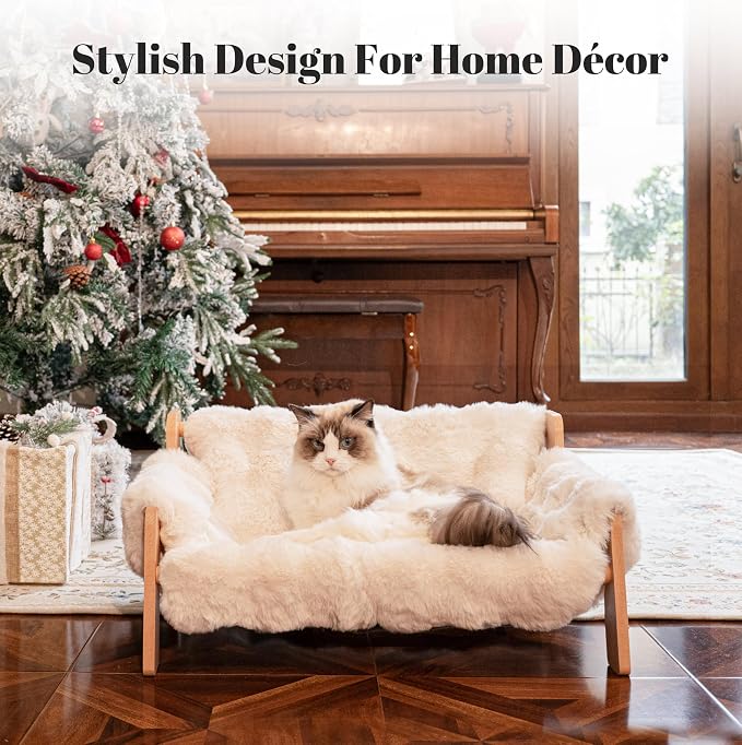 CHEERHOME PETS Elevated Cat Couch Bed Wooden Raised Kitty Sofa Lounge Chair | Washable Fluffy Cover Wooden Elevated Pet Furniture for Indoor Cats and Puppy(White)