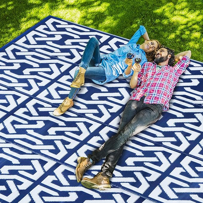 SAND MINE Reversible Mats, Plastic Straw Rug, Modern Area Rug, Large Floor Mat and Rug for Outdoors, RV, Patio, Backyard, Deck, Picnic, Trailer, Beach, Camping, Dark Blue & White, 9' x 12'