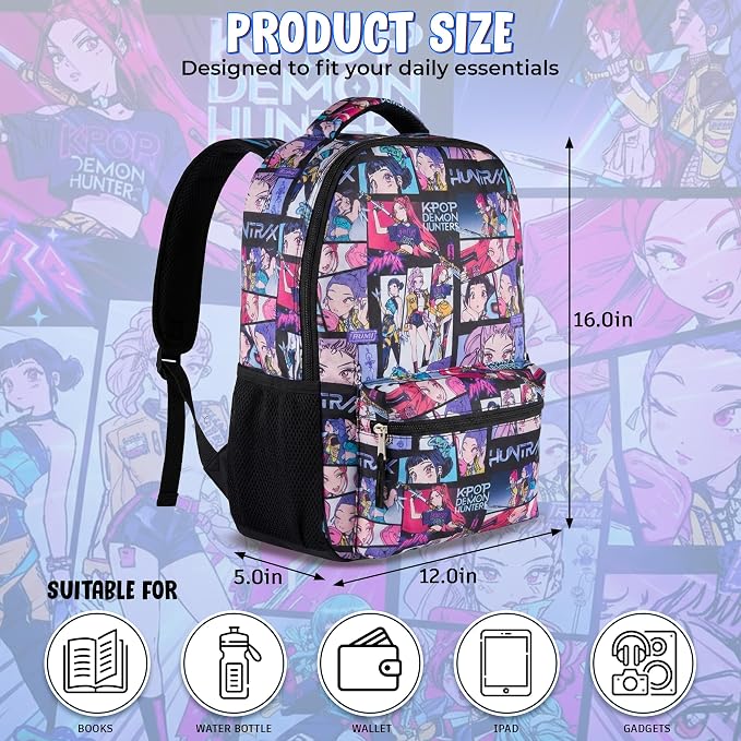 AI ACCESSORY INNOVATIONS K-Pop Demon Hunters Huntrix 16” Backpack for Girls, Featuring an AOP of Rumi, Zoey, Mira, Allover Print