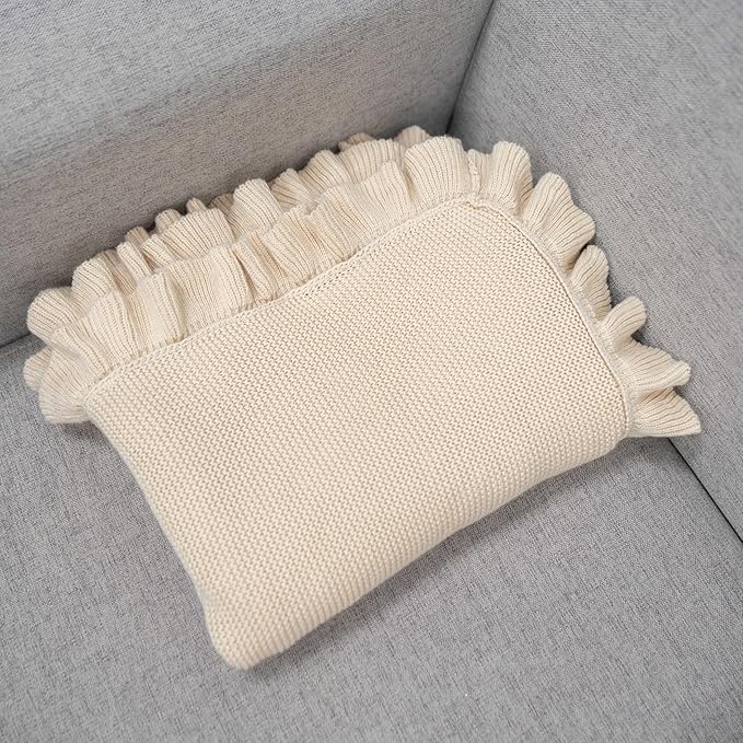 Ruffle Knit Blanket for Baby - 100% Luxury Soft Cotton Knit Warm Cozy Cuddle Stroller Crib Blanket for Newborns, Infants, & Toddlers (Beige)