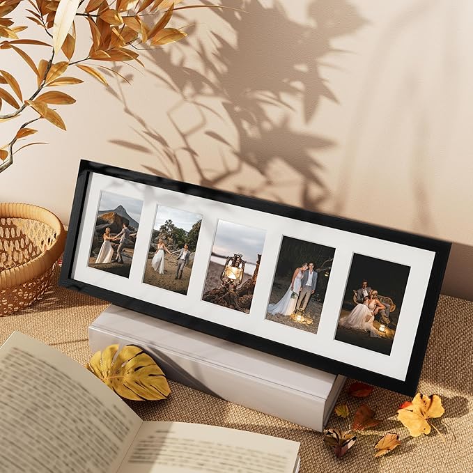 Vittanly 8x24 Collage Picture Frame, Displays 5Pcs 4x6 Pictures with Mat or 1Pcs 8x24 without Mat, Picture Frames Collage Wall Decor for Horizontal or Vertical Display, Black, 1 Pack