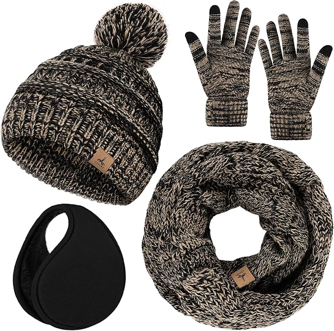 Winter Hat Scarf Gloves and Ear Warmer, Warm Knit Beanie Hat Touch Screen Gloves Set Winter Gifts Neck Scarves for Women