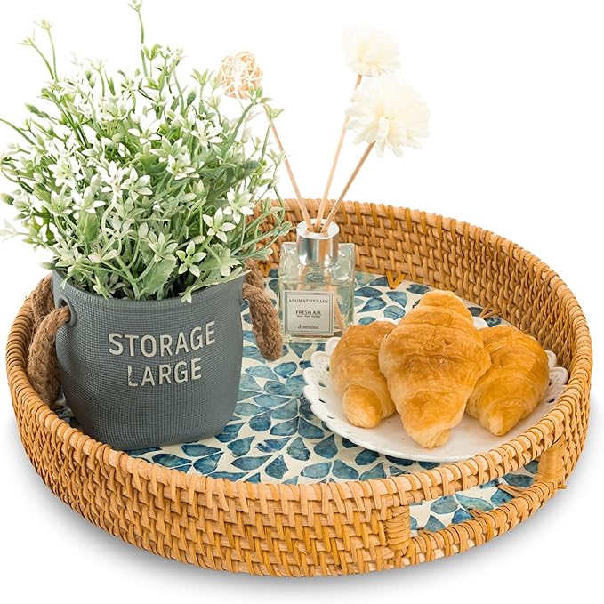 KOLWOVEN Round Rattan Tray with Handle, Rattan Serving Tray with Mother of Pearl Inlay Wooden Base, Decorative Wicker Basket for Table Decor (Blue Leaves)