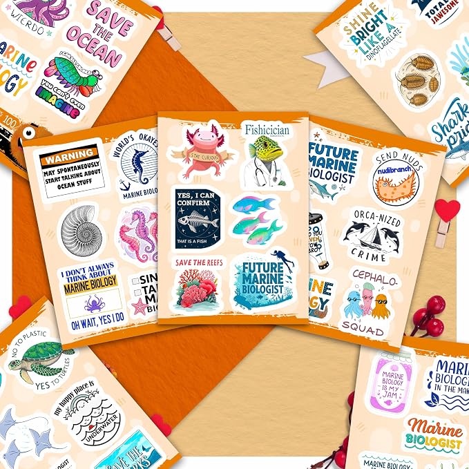 100Pcs Marine Biology Stickers for Scrapbooking, for Luggage, for Water Bottle - Marine Biology Party Supplies & Decorations - Ocean Life Stickers and Decals - Gifts for Women & Men