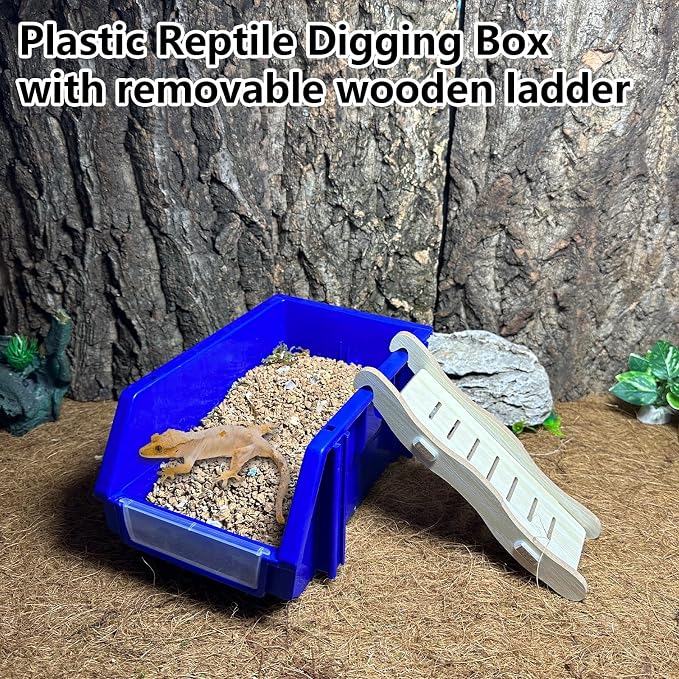 Reptile Digging Box Plastic Leopard Gecko Burrowing Habitat Hide Box with Wooden Ladder Compatible with Terrariums Tailored for Juvenile Bearded Dragons and Snake in Compact Setups (Blue)