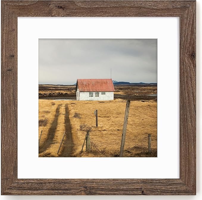 Fun Memories Walnut 16x16 Square Wooden Picture Frame - Tempered Glass, Wall Mountable, Display Pictures 12x12 with Mat or 16x16 Without Mat, 1 Pack