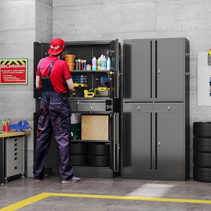 Garage Storage Cabinet with 2 Drawers and Pegboard, Locking Metal Storage Cabinet with Doors and 2 Adjustable Shelves, 71" H Steel Tool Cabinets for Garage, Home, Black, Assembly Required