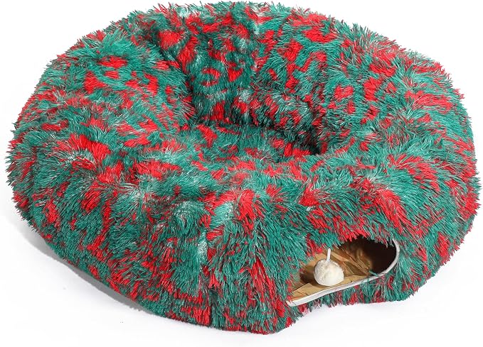 Warm Fluffy Plush Cat Tunnel Bed Under Christmas Tree Big Tube Playground Toys 3 FT Diameter Longer Crinkle Collapsible 3 Way, for Indoor Cat Kitty Kitten Puppy Rabbit Ferret Green-Red