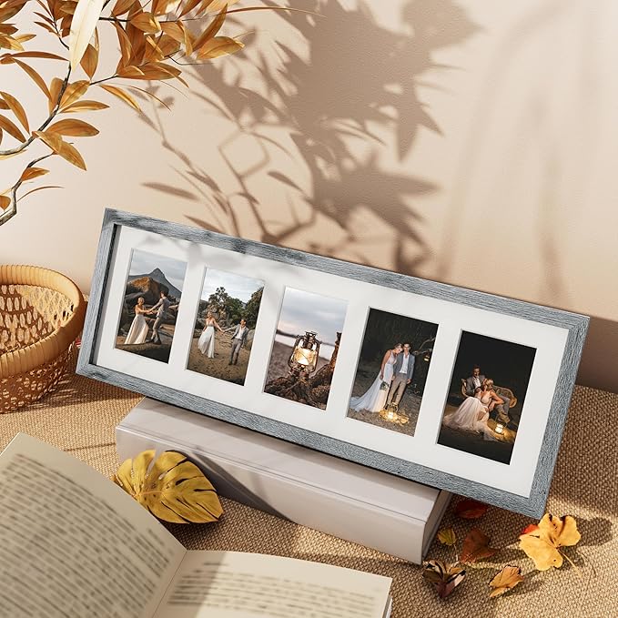 Vittanly 8x24 Collage Picture Frame, Displays 5Pcs 4x6 Pictures with Mat or 1Pcs 8x24 without Mat, Picture Frames Collage Wall Decor for Horizontal or Vertical Display, Grey, 1 Pack