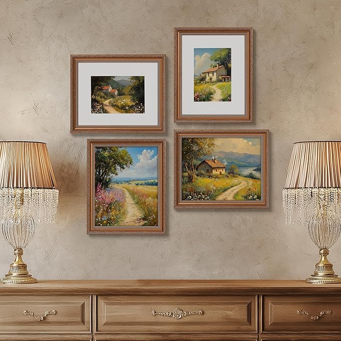 eletecpro 8x10 Picture Frames Set of 4, Vintage Photo Frame with Glass, Frames 8 x 10 Display 5x7 Photo with Mat or 8x10 without Mat for Tabletop or Wall Decor, Bronze