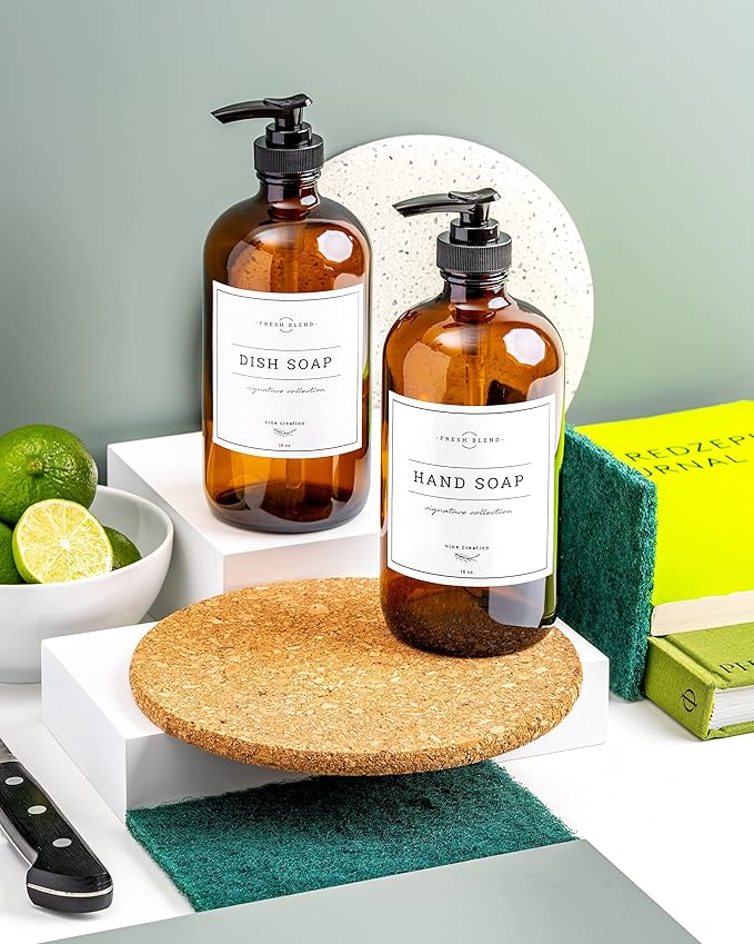 Vine Creations Amber Glass Soap Dispenser, 2 Pack Kitchen Soap Dispenser Set with Rustproof Pump, 16 oz Dish Soap and Hand Soap Dispensers for Bathroom with Waterproof Labels