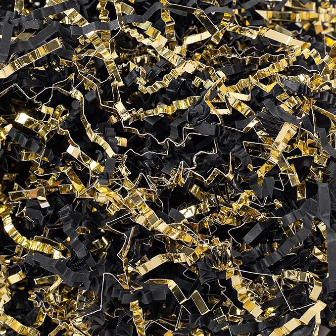Wowxyz 2 LB Crinkle Cut Paper Shred Black & Gold Crinkle Shredded Paper - Gift Box Baskets Bag Filler - Confetti Stuffing for Birthday, Holiday Gift Packaging Wrapping