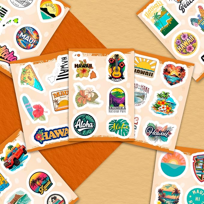 100Pcs Hawaii Stickers for Water Bottle and Laptop - Hawaiian Party Supplies & Decorations, Waterproof Vinyl Decals, State Pride and Icon Stickers, Gifts for Women & Men