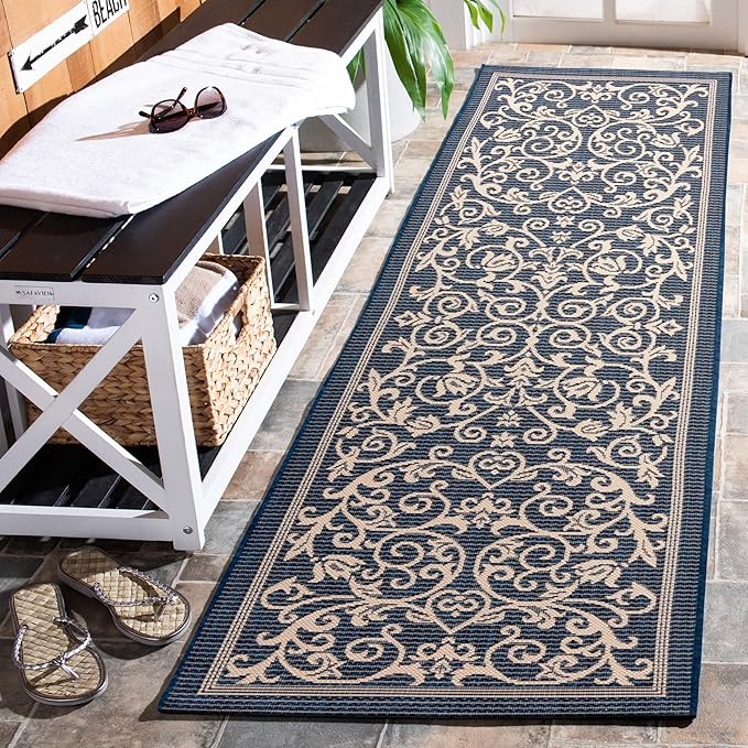 SAFAVIEH Courtyard Collection 2'3' x 14' Navy/Beige CY2098 Scroll Indoor/ Outdoor Patio Backyard Mudroom Runner Rug