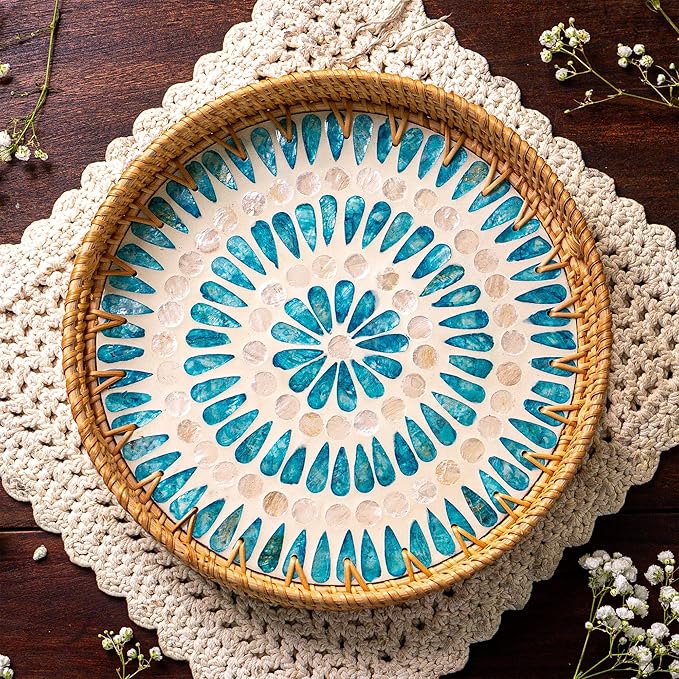JUNGLE CULTURE Large Rattan Serving Tray 14" with Mother of Pearl Inlay • Coastal Boho Collection • Handcrafted Serving Tray with Handles • Round Woven Table Trays for Home • Wicker Basket – Ripple