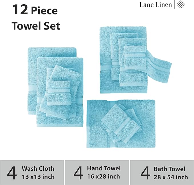 LANE LINEN Towel Set for Bathroom – 12-Pack 100% Ring-Spun Cotton, Zero Twist, Includes 4 Bath, 4 Hand & 4 Washcloth, Suitable for All Body Types, Soft & Quick Dry, Ideal for Airbnb & Spa - Blue