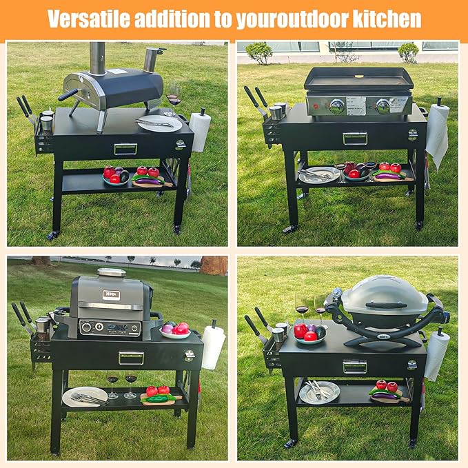 28" and 34" Upgrade Height & Quick-Fold Portable Grill Cart for Ninja Woodfire (OG700 Series), MO201 OO101 Pizza Oven, Blackstone 17"/22" Griddle – Outdoor Ninja Grill Stand with 4 Swivel Wheels