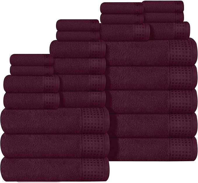 GLAMBURG Towels for Bathroom, 100% Cotton Towel Set, Contains 8 Soft Bath Towel, 8 Hand Towels, 8 Wash Cloths - Compact Absorbent Lightweight & Quickdry - 24 Piece Bathroom Towel Set - Burgundy