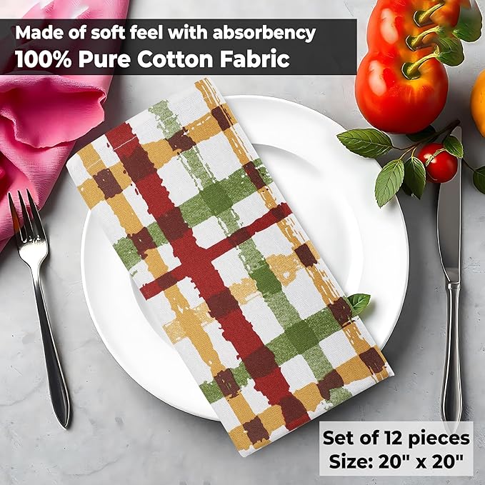 Urban Villa Harvets Dinner Napkins Set of 12, 20x20 Inches Soft Premium Hotel Quality Napkins, Highly Absorbent, Reusable & Washable Table Dinner Napkins - (Multicolor, Fall Checks)