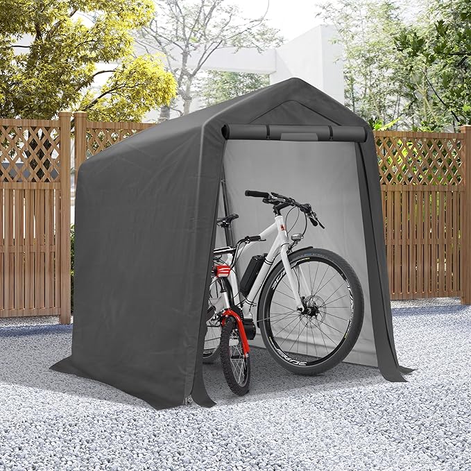 COVERONICS 6' x 7' Outdoor Storage Shed - Heavy Duty Portable Shelter Carport with Ventilation Windows and Roll-up Doors, Storage Shelter Tent for Motorcycle, Bike, Lawnmower and Garden Tools, Grey