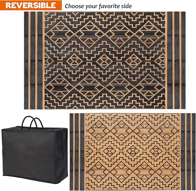SAND MINE Reversible Mats, Plastic Straw Rug, Modern Area Rug, Large Floor Mat and Rug for Outdoors, RV, Patio, Backyard, Deck, Picnic, Beach, Trailer, Camping (5' x 8', Black & Brown)