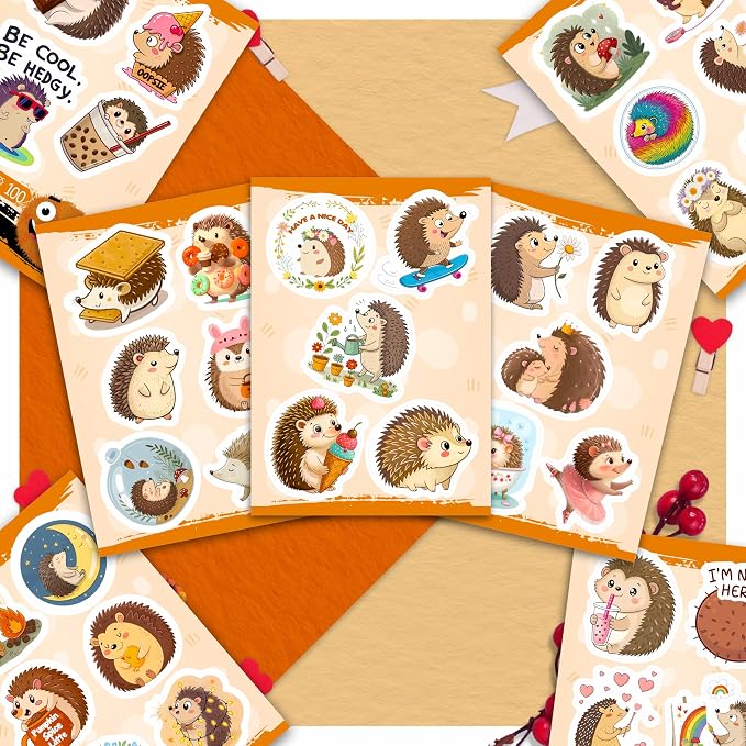 100Pcs Hedgehog Stickers for Water Bottle, Laptop - Funny Hedgehog Gifts, Party Supplies & Party Decorations - Woodland Animal Stickers and Decals - Gift for Women & Men