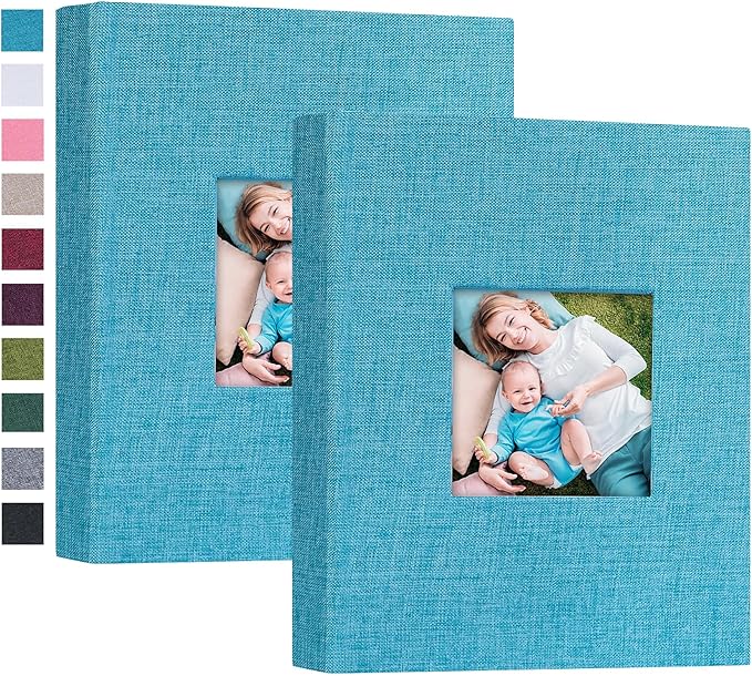 Mublalbum 2 Pack Small 5x7 Photo Album Linen Cover with Display Window Mini Picture Book Each Holds 52 Vertical Pockets for Artwork Postcards or Pictures Storage (Blue)