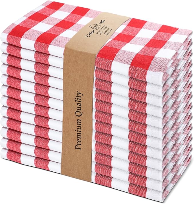 Urban Villa Cloth Napkins 100% Cotton Dinner Napkins Highly Absorbent 20x20 Inches (Set of 12) Red White Buffalo Checks Reusable Washable Soft Durable Premium Napkins Ideal for Home Wedding Parties
