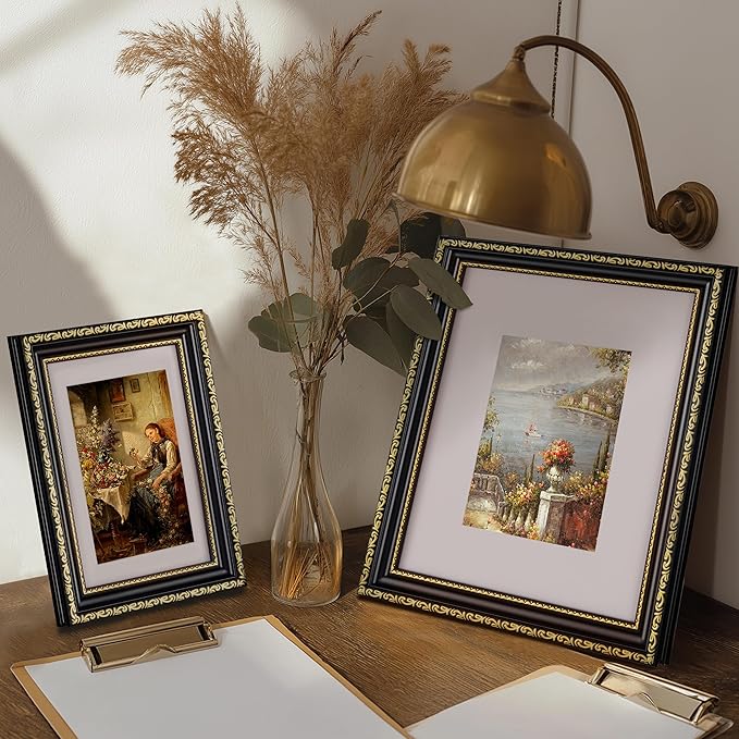 eletecpro 4x6 Picture Frames Set of 4, Ornate Vintage Photo Frames with Glass, Display 3.5x5 Photo with Mat or 4x6 without Mat for Tabletop or Wall Decor, Black Gold