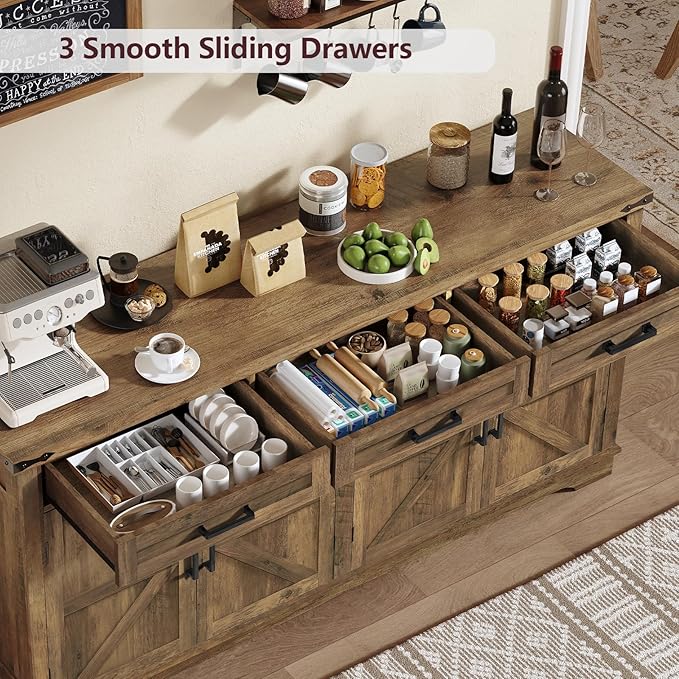 usikey 61" Large Buffet Cabinet with 4 Doors and 3 Drawers, Farmhouse Buffet Sideboard Cabinet with Storage, Coffee Bar Wine Bar for Living Room, Honey Brown