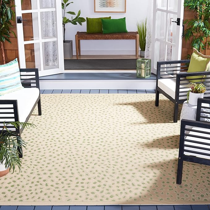 SAFAVIEH Washable Rug Outdoor Courtyard Collection - 6'7" Square, Beige & Green, Non-Shedding & Easy Cleaning, Ideal for Patio, Backyard, Mudroom (CY6104-45312)