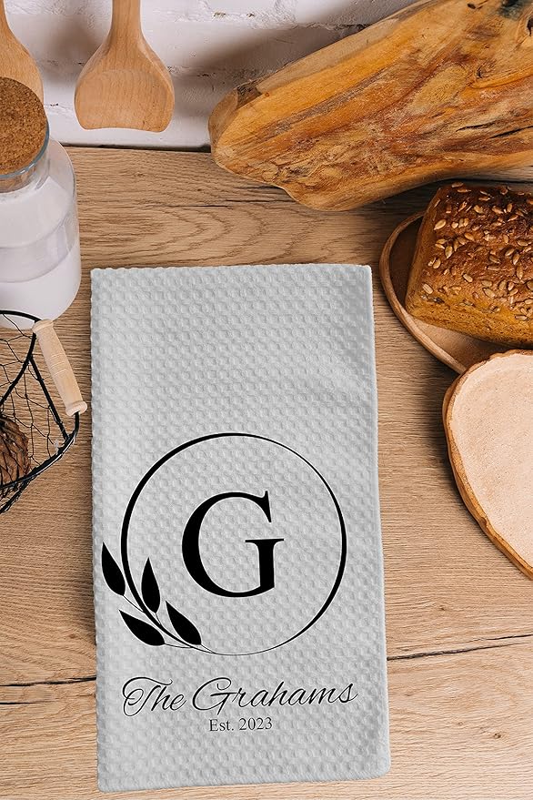 Personalized Kitchen Towel | Custom Tea Towel | Family Name Dish Towel | Kitchen Decor | Hand Towel | Housewarming Gift | Monogram Dishcloth (Wreath 8)