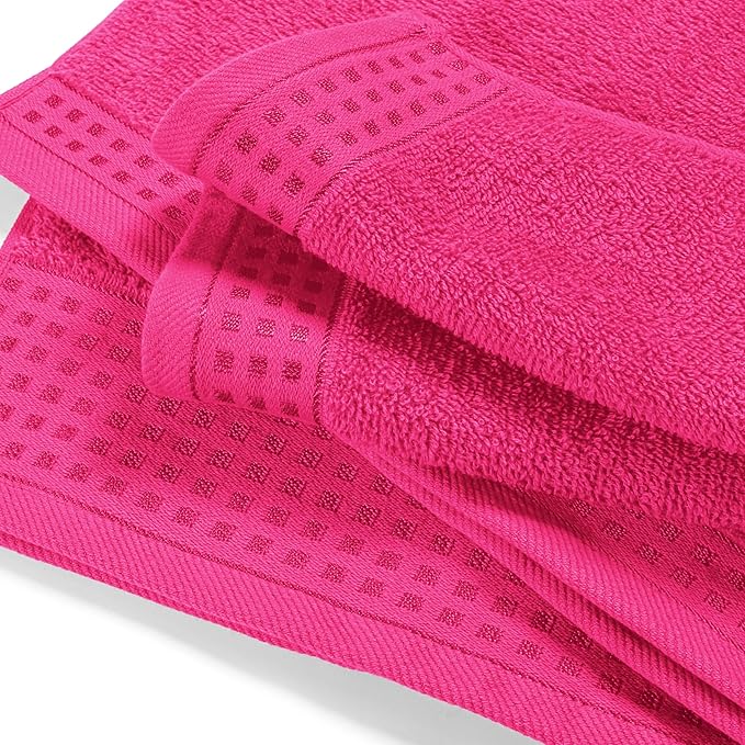GLAMBURG Towels for Bathroom, 100% Cotton Towel Set, Contains 8 Soft Bath Towel, 8 Hand Towels, 8 Wash Cloths - Compact Absorbent Lightweight & Quickdry - 24 Piece Bathroom Towel Set - Hot Pink