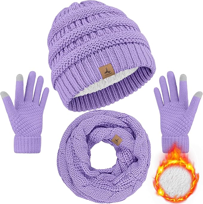 Winter Beanie Hat Scarf Gloves, Warm Fleece Knit Hats Touch Screen Gloves Neck Scarf Set Winter Gifts for Unisex Adult