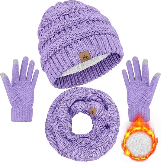 Winter Beanie Hat Scarf Gloves, Warm Fleece Knit Hats Touch Screen Gloves Neck Scarf Set Winter Gifts for Unisex Adult