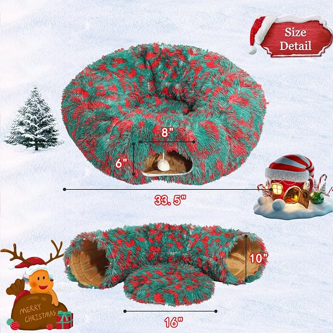 Warm Fluffy Plush Cat Tunnel Bed Under Christmas Tree Big Tube Playground Toys 3 FT Diameter Longer Crinkle Collapsible 3 Way, for Indoor Cat Kitty Kitten Puppy Rabbit Ferret Green-Red