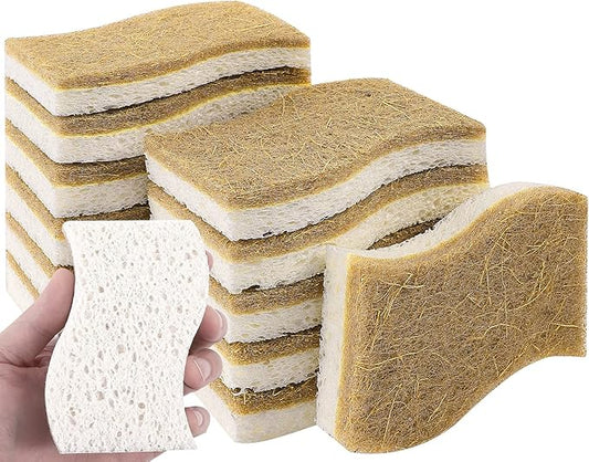 12 Pack Natural Sponges,Kitchen Sponge,Natural Dish Sponges for Washing Dishes,Biodegradable Compostable Cellulose and Coconut Scrubber Sponge for Kitchen,Non-Scratch,Odor Free